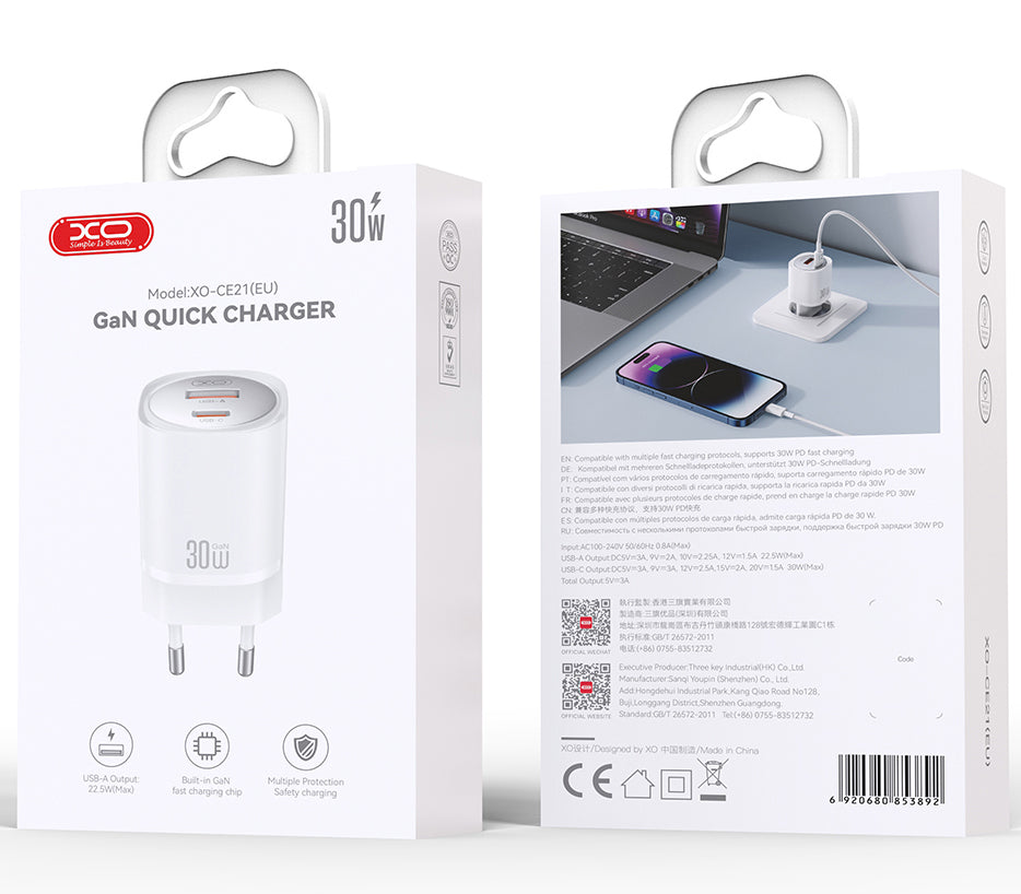 Зарядно за мрежа XO Design CE21, 30W, 3A, 1 x USB-A - 1 x USB-C, Бяло