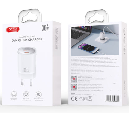 Зарядно за мрежа XO Design CE21, 30W, 3A, 1 x USB-A - 1 x USB-C, Бяло