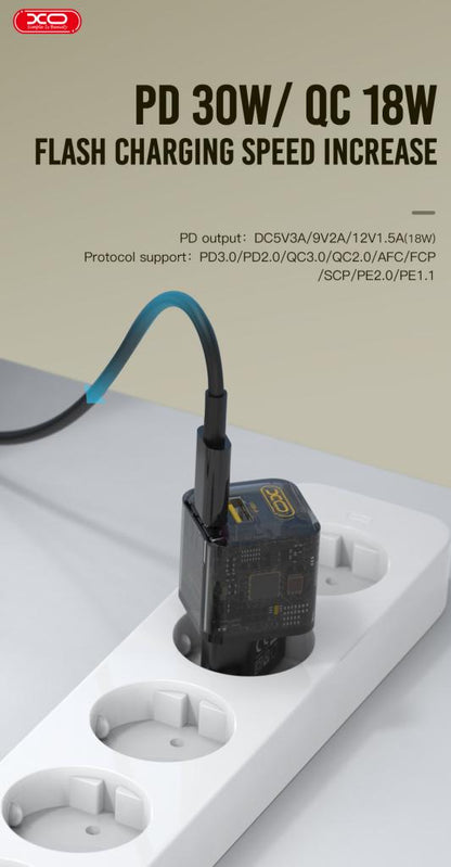 Зарядно за мрежа XO Design CE05, 30W, 3A, 1 x USB-A - 1 x USB-C, Кафяво