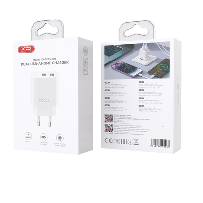 Мрежово зарядно XO Design CE55, 12 W, 2,4 A, 2 x USB-A, бяло