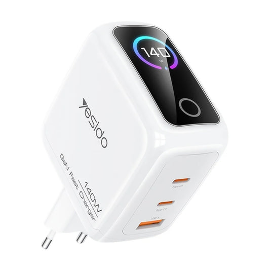 Мрежово зарядно Yesido YC114 с дисплей, 140W, 5A, 1 x USB-A - 2 x USB-C, бяло