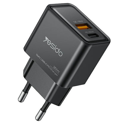 Зарядно устройство за мрежа Yesido YC64, 30W, 3A, 1 x USB-A - 1 x USB-C, Черно