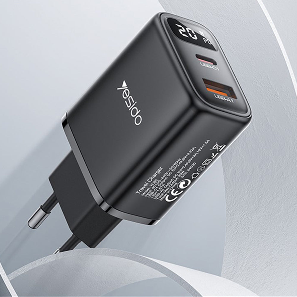 Yesido YC68 Network Charger, 20W Display, 3A, 1 x USB-A - 1 x USB-C, Black