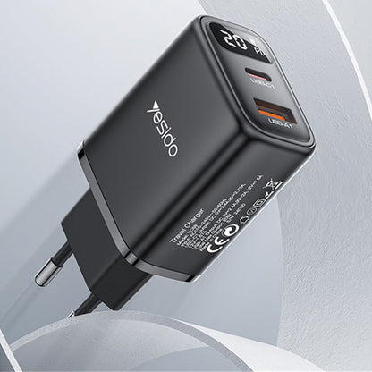 Yesido YC68 Network Charger, 20W Display, 3A, 1 x USB-A - 1 x USB-C, Black