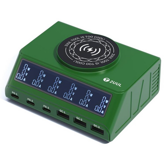 Зарядно устройство Станция 2UUL PC11 QI, 110W, 3A, 3 x USB-A - 3 x USB-C, Зелено