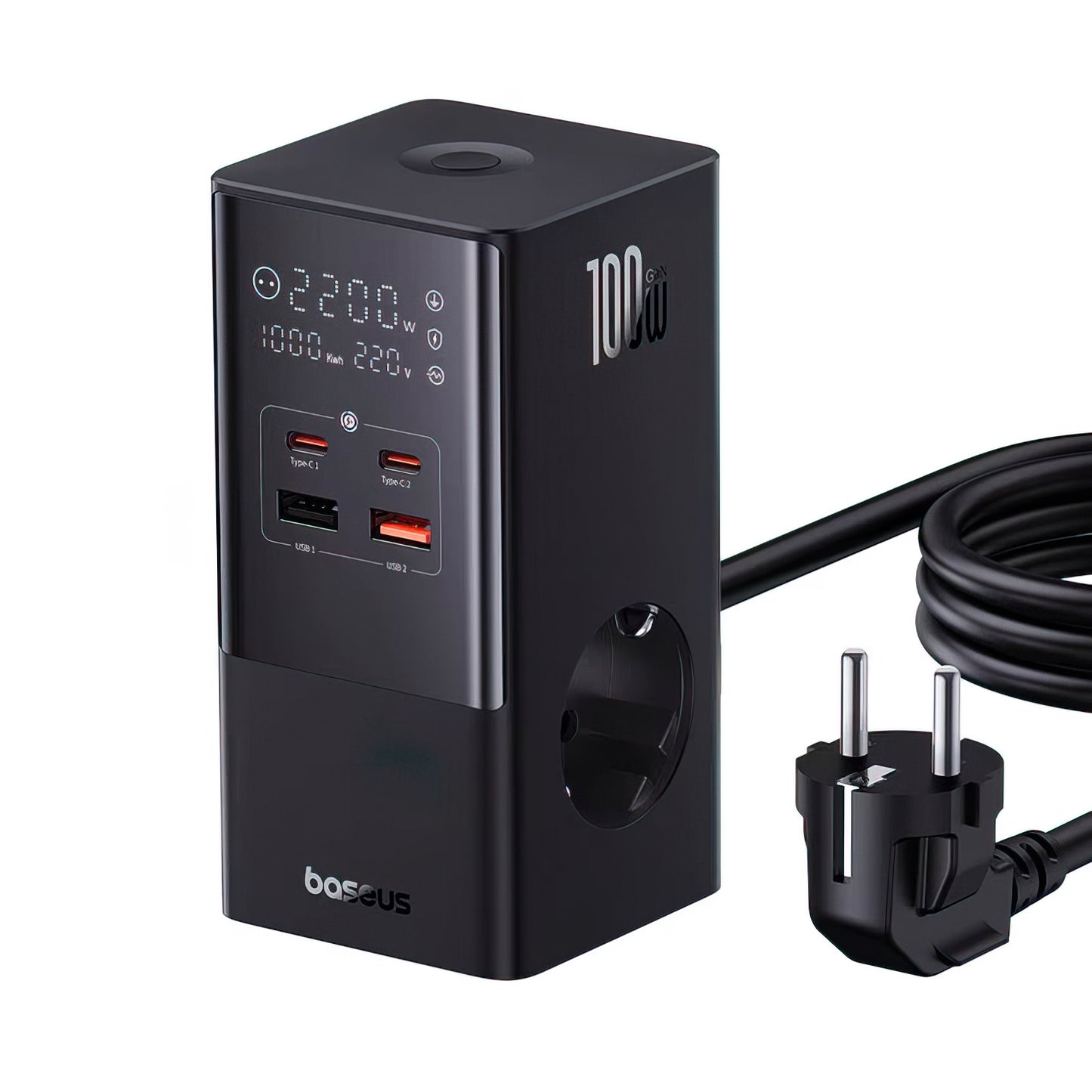 Зарядно устройство Baseus PowerCombo Tower, 100W, 5A, 2 x Schuko - 2 x USB-A - 2 x USB-C, Черно E00023609113-00
