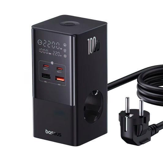 Зарядно устройство Baseus PowerCombo Tower, 100W, 5A, 2 x Schuko - 2 x USB-A - 2 x USB-C, Черно E00023609113-00