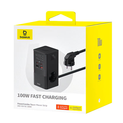 Зарядно устройство Baseus PowerCombo Tower, 100W, 5A, 2 x Schuko - 2 x USB-A - 2 x USB-C, Черно E00023609113-00