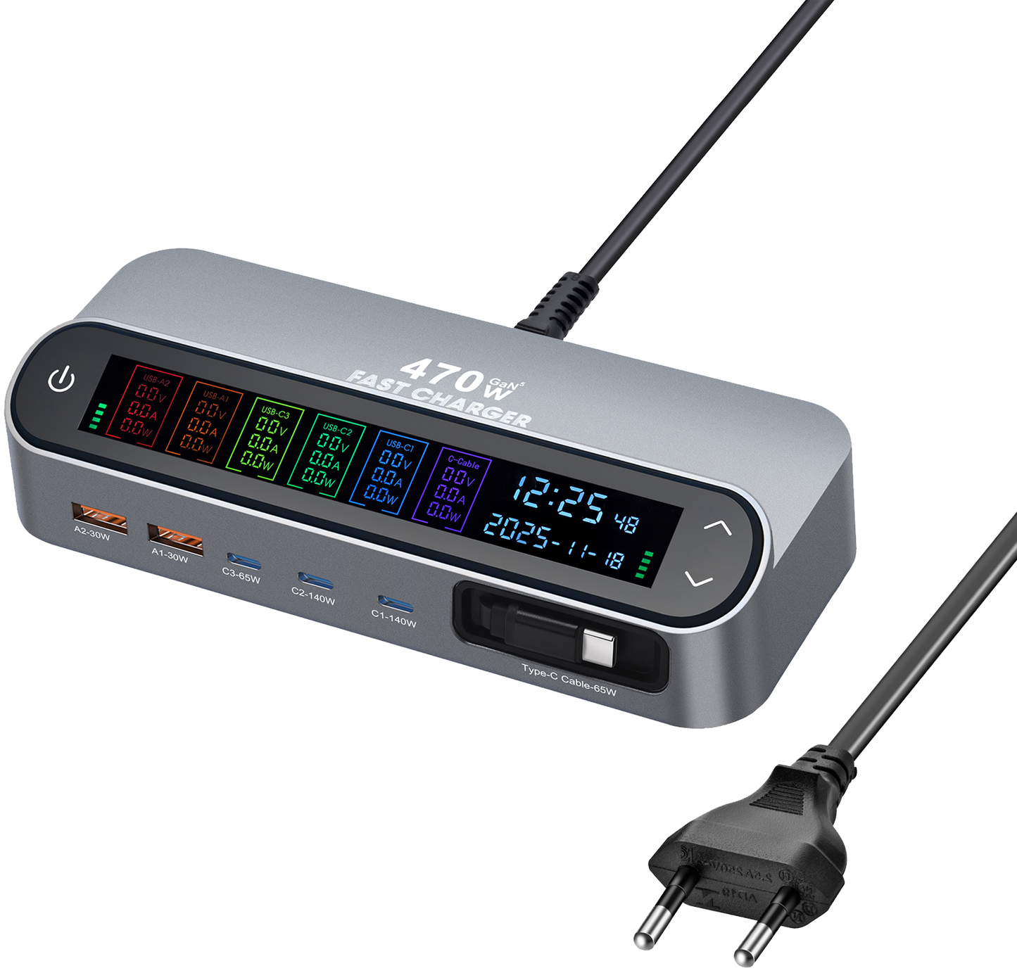 Зарядна станция с USB-C кабел OEM LCD470W, 470W, 5A, 2 x USB-A - 3 x USB-C, Сив