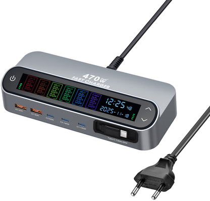 Зарядна станция с USB-C кабел OEM LCD470W, 470W, 5A, 2 x USB-A - 3 x USB-C, Сив