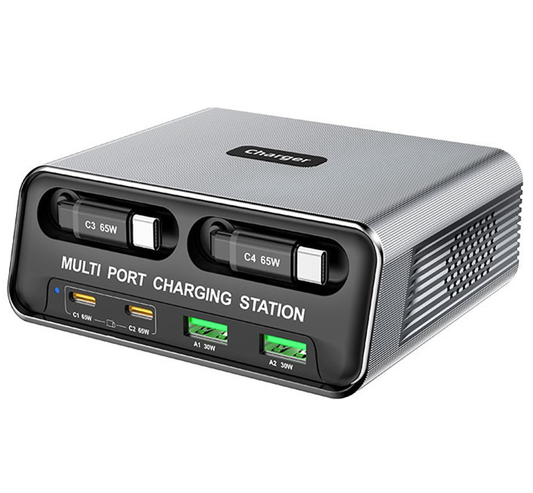 Зарядно устройство с кабел USB-C OEM WLX-60C, 130W, 2 x USB-A - 2 x USB-C, Сиво