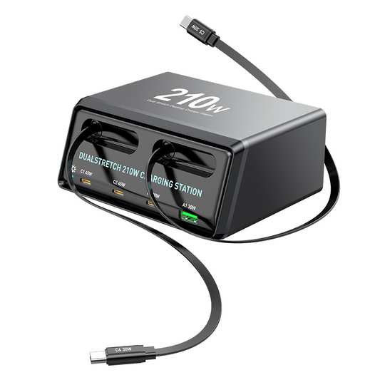 Зарядна станция с USB-C кабел OEM WLX-60E, 210W, 3A, 1 x USB-A - 3 x USB-C, Сив