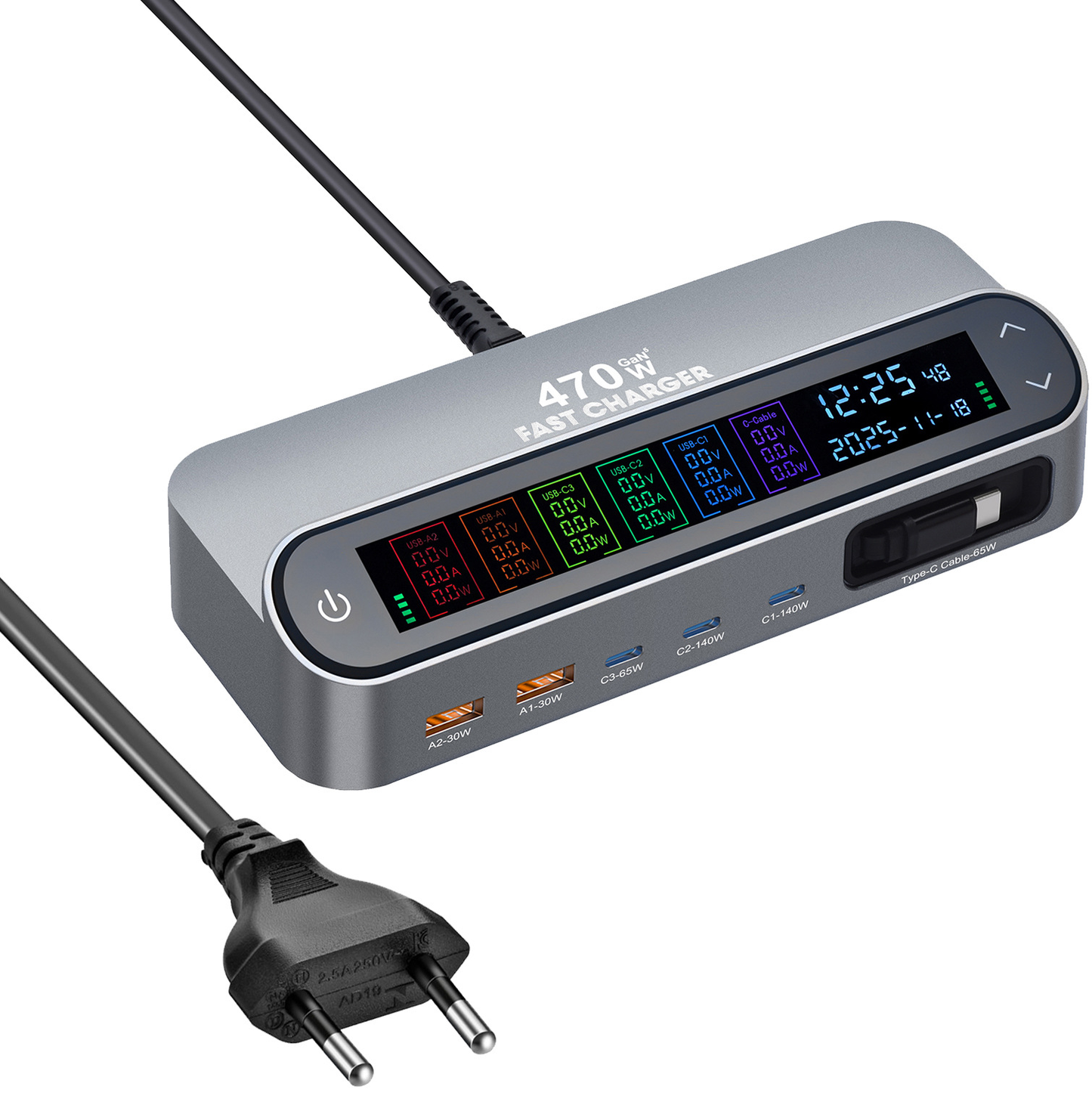 Зарядна станция с USB-C кабел OEM LCD470W, 470W, 5A, 2 x USB-A - 3 x USB-C, Сив