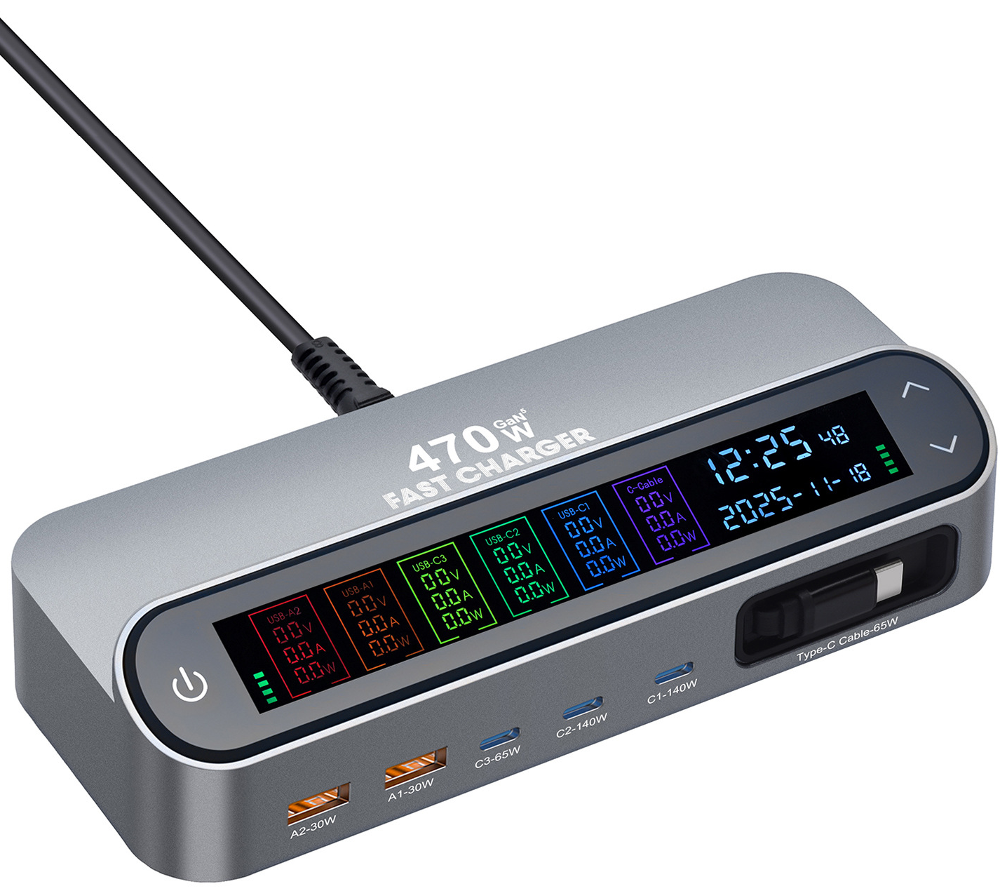 Зарядна станция с USB-C кабел OEM LCD470W, 470W, 5A, 2 x USB-A - 3 x USB-C, Сив