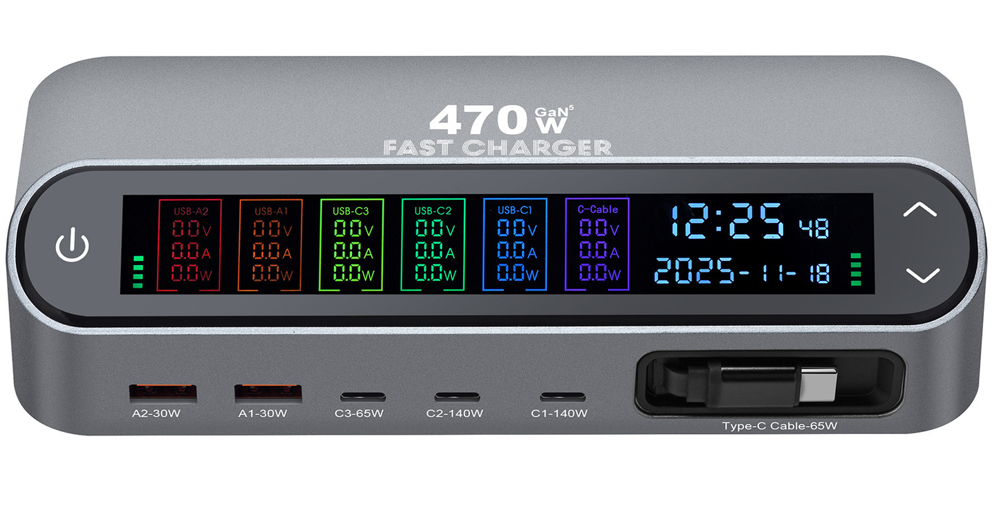 Зарядна станция с USB-C кабел OEM LCD470W, 470W, 5A, 2 x USB-A - 3 x USB-C, Сив