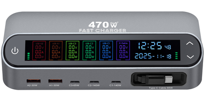 Зарядна станция с USB-C кабел OEM LCD470W, 470W, 5A, 2 x USB-A - 3 x USB-C, Сив
