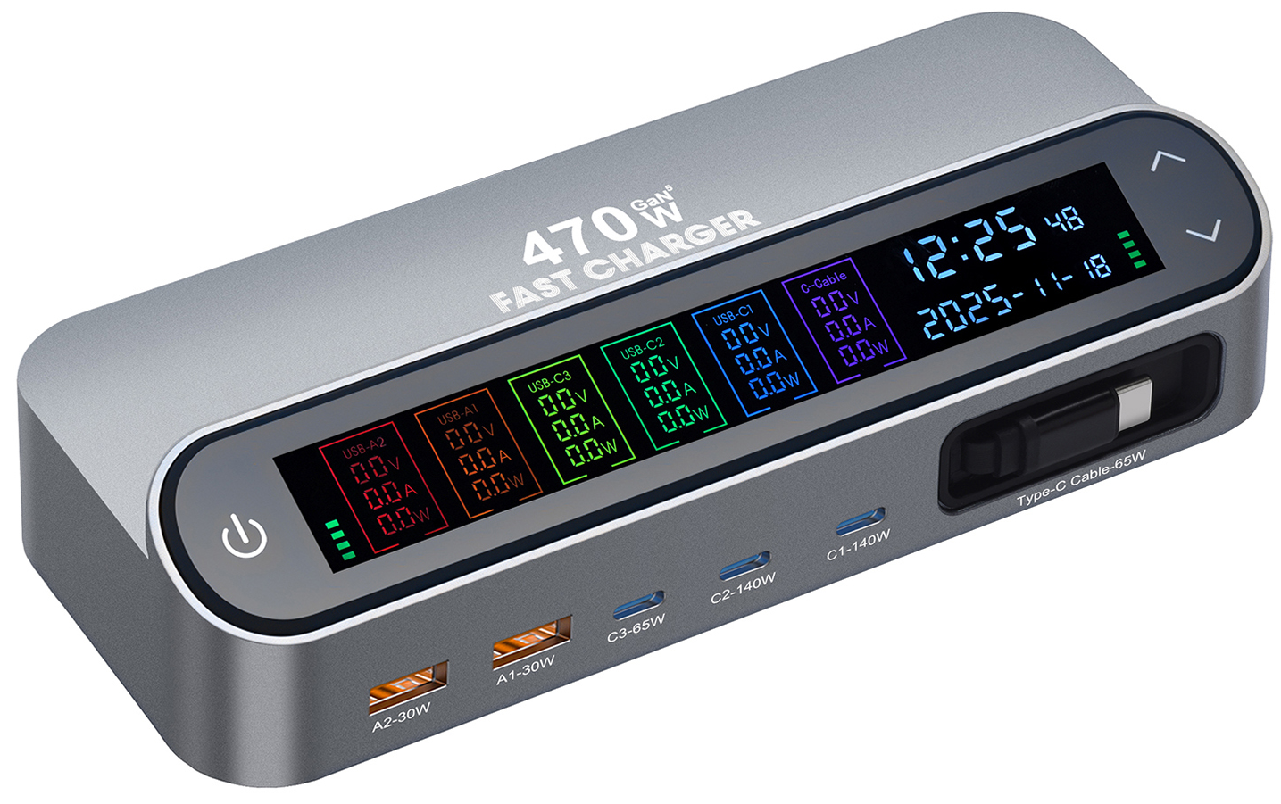 Зарядна станция с USB-C кабел OEM LCD470W, 470W, 5A, 2 x USB-A - 3 x USB-C, Сив