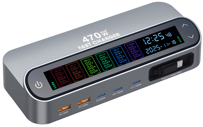 Зарядна станция с USB-C кабел OEM LCD470W, 470W, 5A, 2 x USB-A - 3 x USB-C, Сив