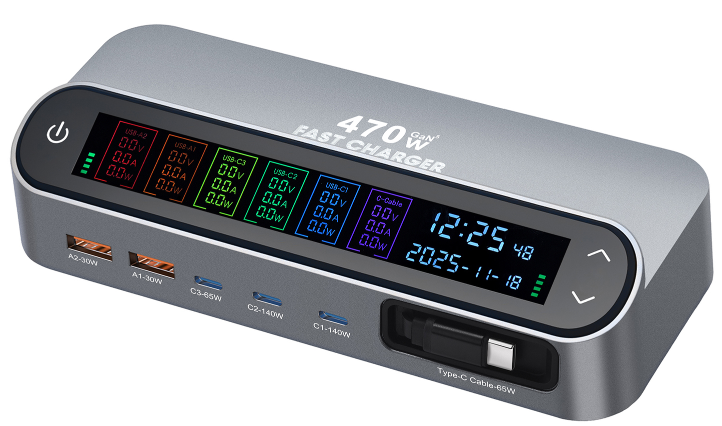 Зарядна станция с USB-C кабел OEM LCD470W, 470W, 5A, 2 x USB-A - 3 x USB-C, Сив