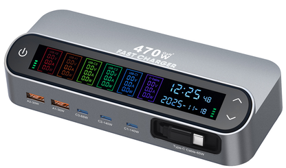 Зарядна станция с USB-C кабел OEM LCD470W, 470W, 5A, 2 x USB-A - 3 x USB-C, Сив