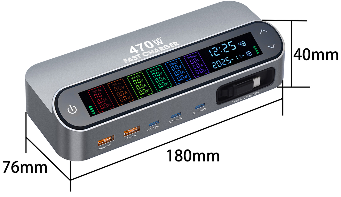 Зарядна станция с USB-C кабел OEM LCD470W, 470W, 5A, 2 x USB-A - 3 x USB-C, Сив