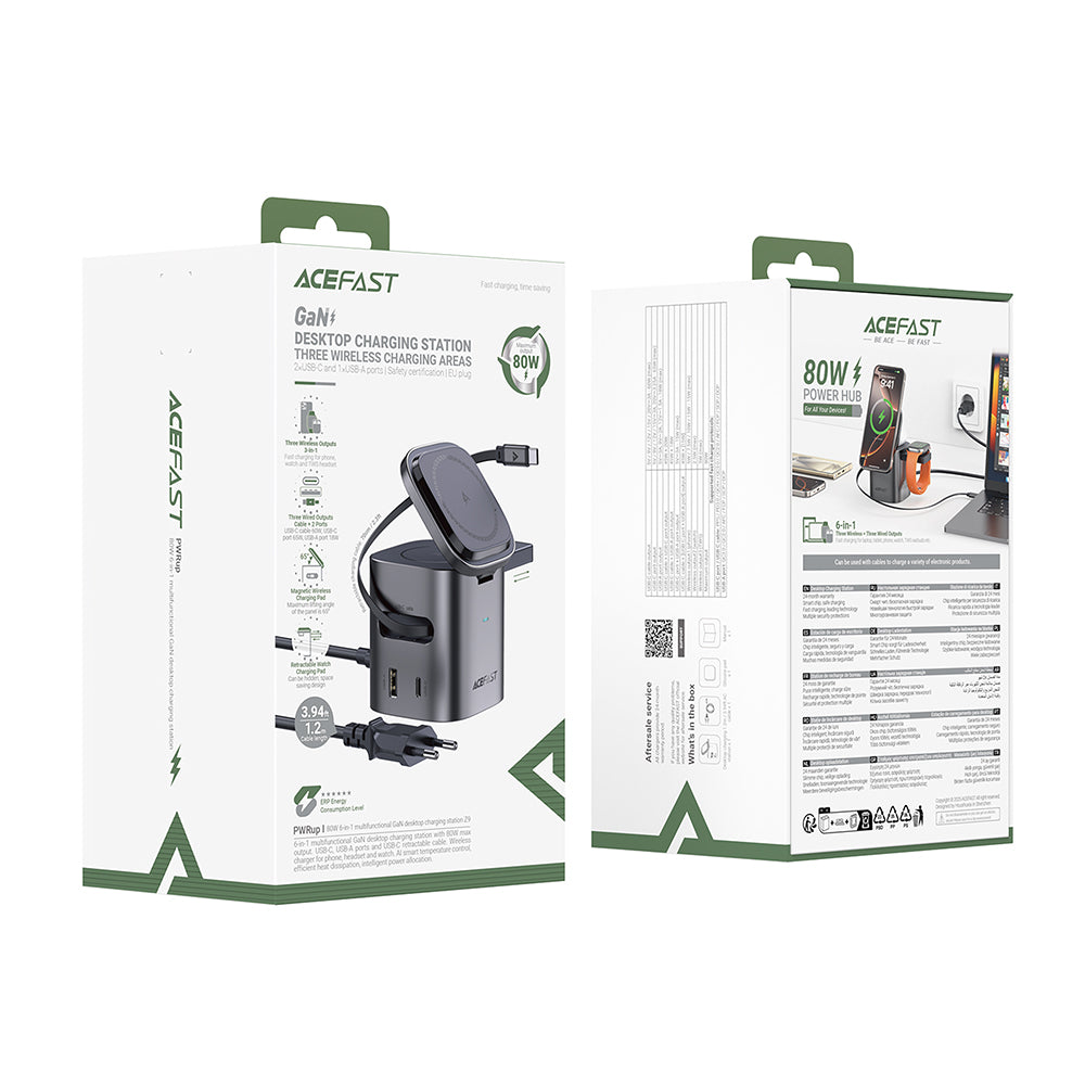 Зарядно устройство със станция с USB-C кабел Acefast Z9 QI 6в1, 80W, 1 x USB-C - 1 x USB-A, Черно