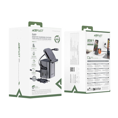 Зарядно устройство със станция с USB-C кабел Acefast Z9 QI 6в1, 80W, 1 x USB-C - 1 x USB-A, Черно
