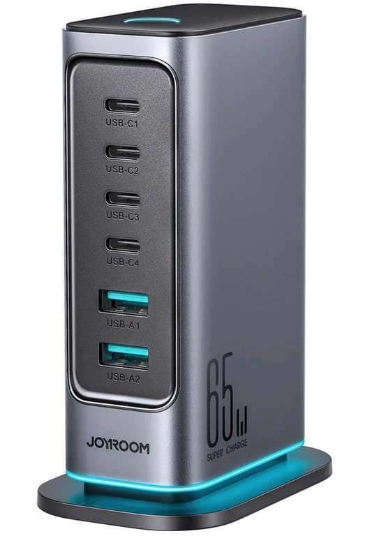 Зарядно устройство Joyroom JR-TCM02 UK, 65W, 3.25A, 2 x USB-A - 4 x USB-C, Сиво