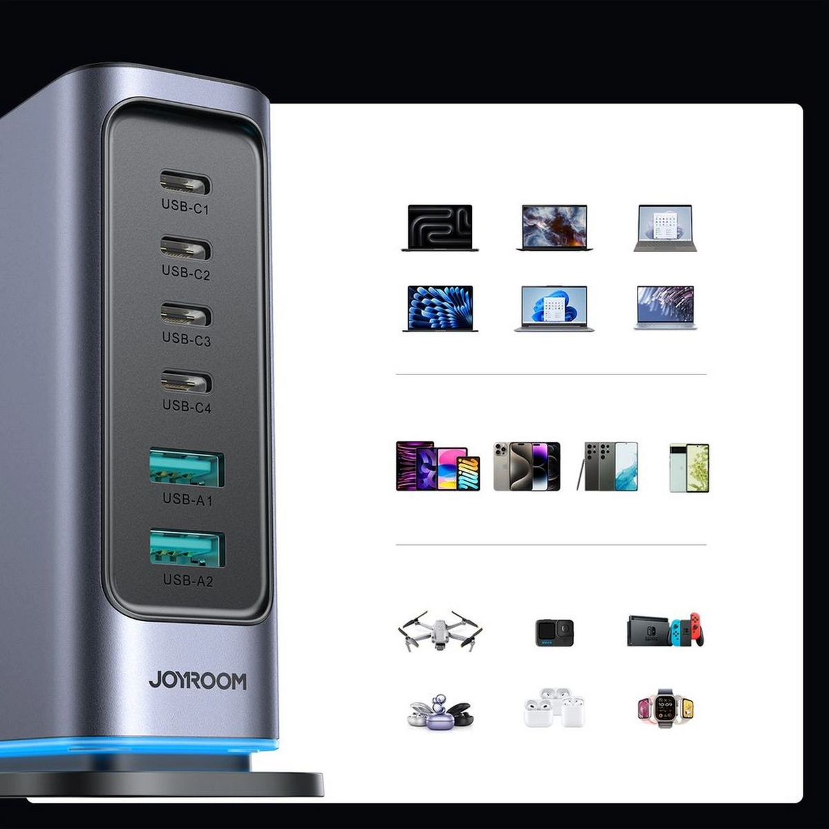 Зарядно устройство Joyroom JR-TCM02 UK, 65W, 3.25A, 2 x USB-A - 4 x USB-C, Сиво