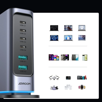 Зарядно устройство Joyroom JR-TCM02 UK, 65W, 3.25A, 2 x USB-A - 4 x USB-C, Сиво