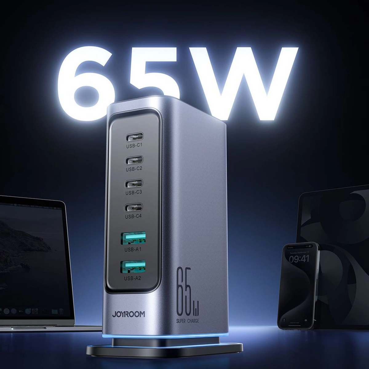 Зарядно устройство Joyroom JR-TCM02 UK, 65W, 3.25A, 2 x USB-A - 4 x USB-C, Сиво