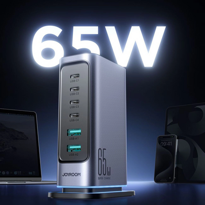 Зарядно устройство Joyroom JR-TCM02 UK, 65W, 3.25A, 2 x USB-A - 4 x USB-C, Сиво