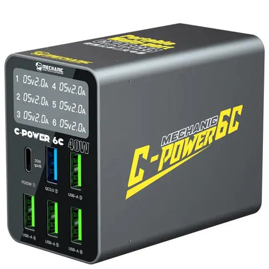 Зарядно устройство станция Mechanic 6C с дисплей, 40W, 3A, 1 x USB-C - 5 x USB-A, Черно
