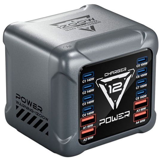 Зарядно устройство OEM BK-127D, 280W, 5A, 4 x USB-A - 8 x USB-C, Сиво