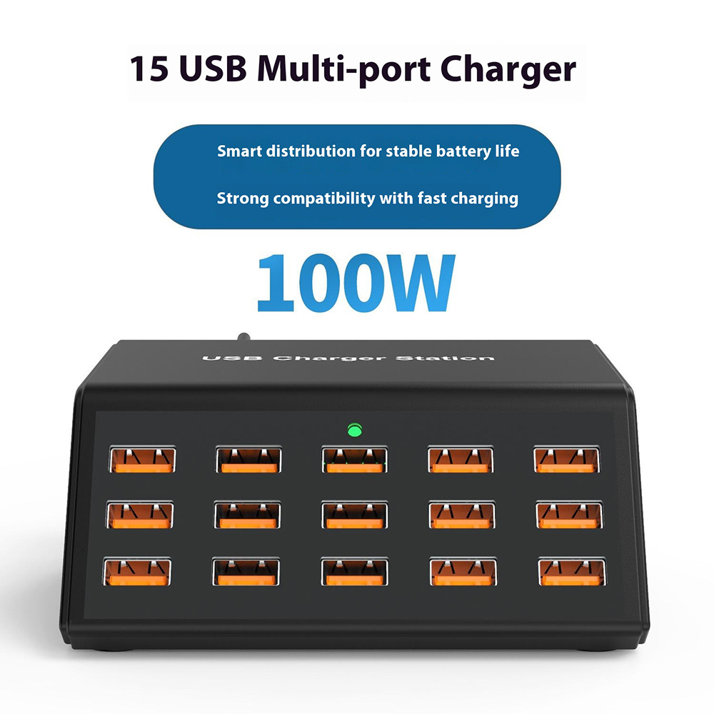 Зарядно устройство OEM HW15, 100W, 2A, 15 x USB-A, Черно
