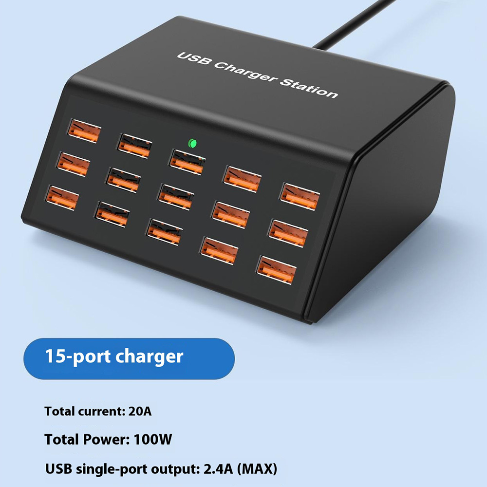 Зарядно устройство OEM HW15, 100W, 2A, 15 x USB-A, Черно