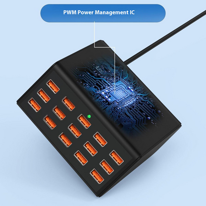 Зарядно устройство OEM HW15, 100W, 2A, 15 x USB-A, Черно