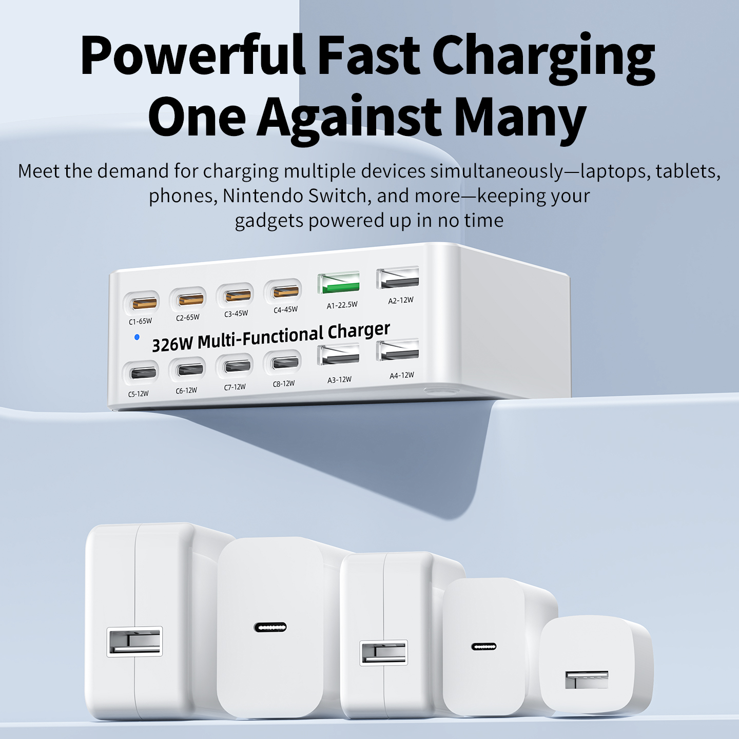 Зарядно устройство OEM WLX-818E, 326W, 3.25A, 4 x USB-A - 8 x USB-C, Бяло