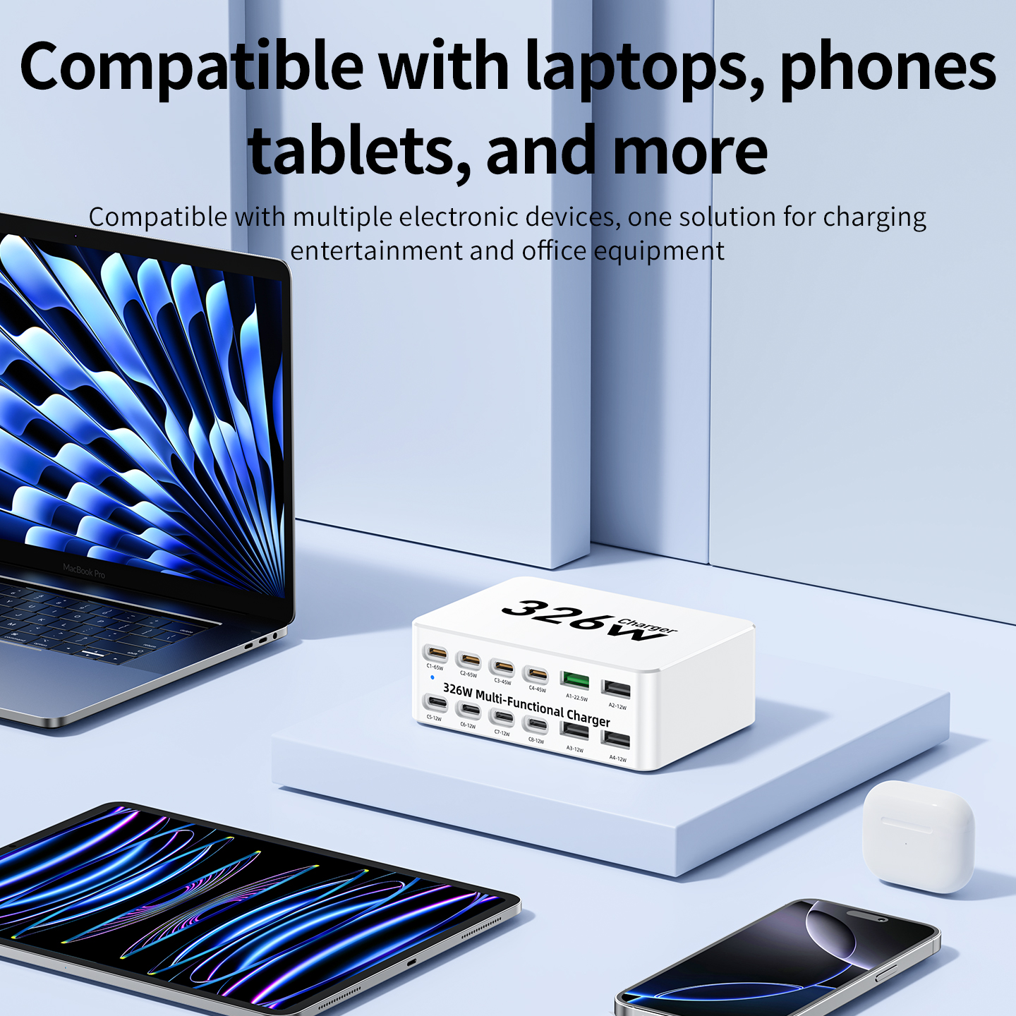 Зарядно устройство OEM WLX-818E, 326W, 3.25A, 4 x USB-A - 8 x USB-C, Бяло