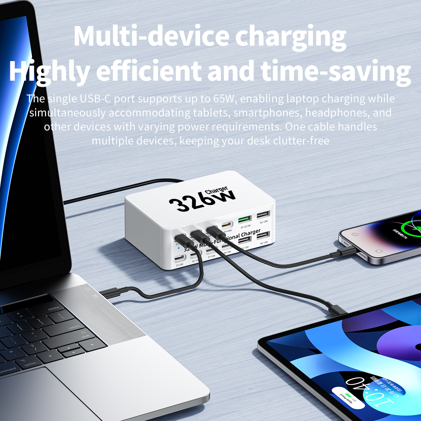 Зарядно устройство OEM WLX-818E, 326W, 3.25A, 4 x USB-A - 8 x USB-C, Бяло