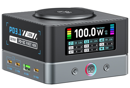 Зарядно устройство OEM WLX-R8A QI, 140W, 5A, 2 x USB-A - 6 x USB-C, Сиво