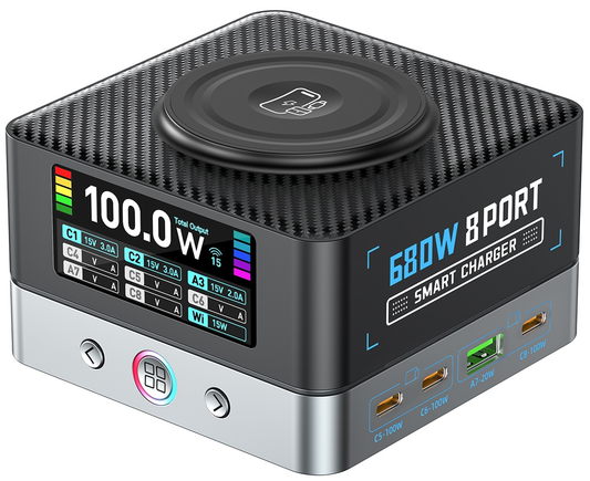 Зарядно устройство OEM WLX-R8A QI, 140W, 5A, 2 x USB-A - 6 x USB-C, Сиво