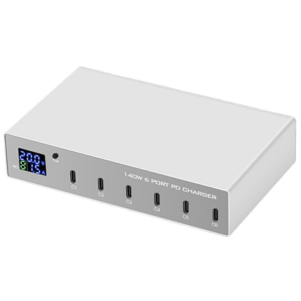 Зарядно устройство OEM WLX-X6P, 140W, 3A, 6 x USB-C, Сребристо