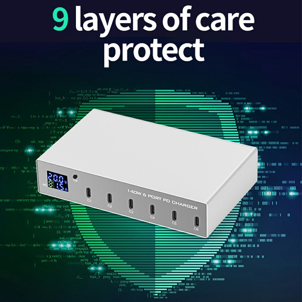 Зарядно устройство OEM WLX-X6P, 140W, 3A, 6 x USB-C, Сребристо