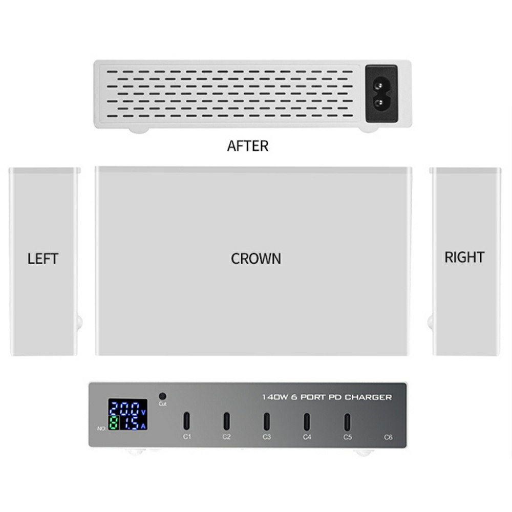 Зарядно устройство OEM WLX-X6P, 140W, 3A, 6 x USB-C, Сребристо
