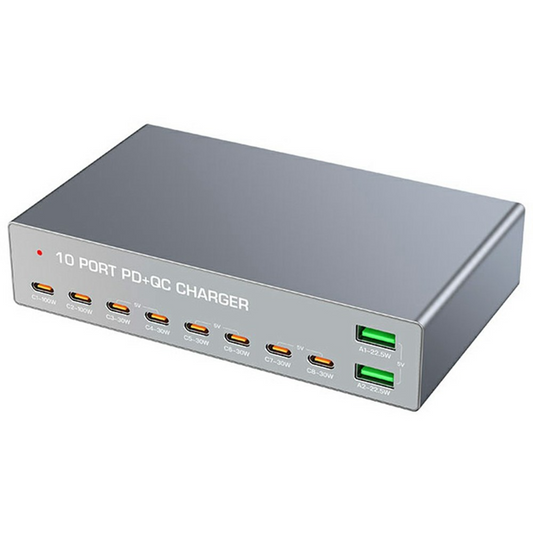 Зарядно устройство OEM WLX-X6Y, 140W, 5A, 2 x USB-A - 8 x USB-C, Сребристо