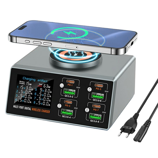 Зарядна станция OEM WLX-X9S QI, 140W, 3A, 4 x USB-A - 4 x USB-C, Сребрист