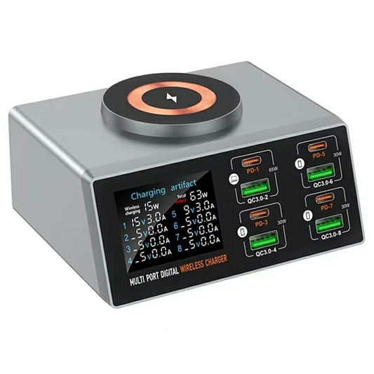 Зарядна станция OEM WLX-X9S QI, 140W, 3A, 4 x USB-A - 4 x USB-C, Сребрист