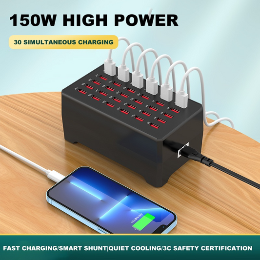 Зарядно устройство OEM WT-268, 150W, 2.4A, 30 x USB-A, Черно