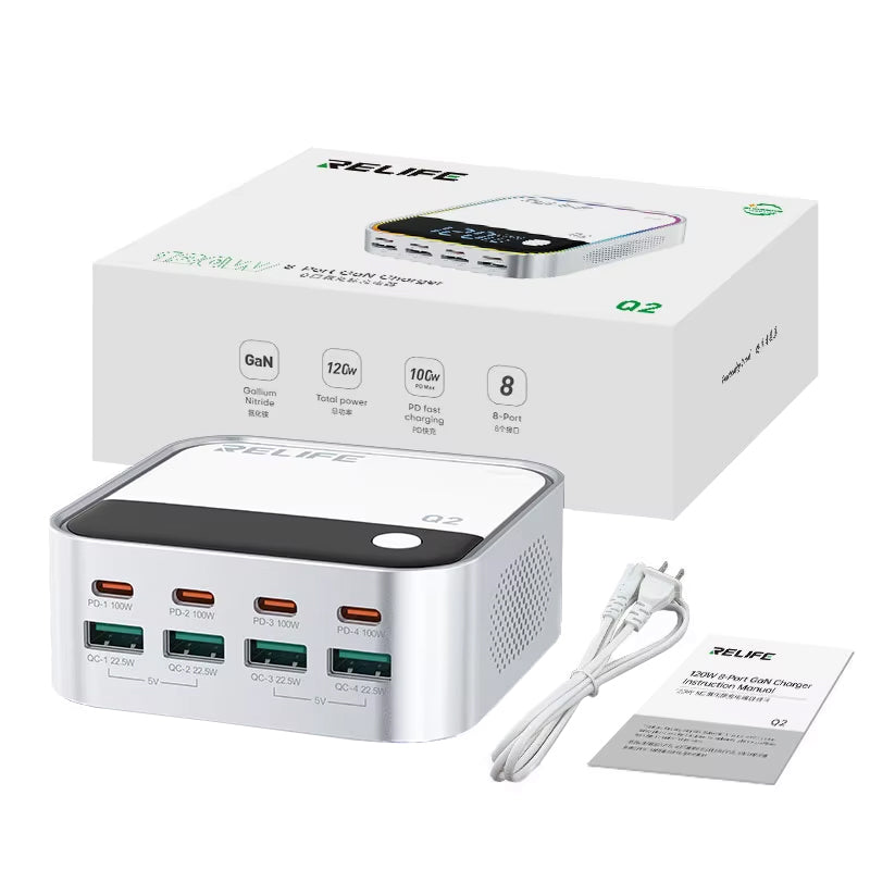 Relife Q2 Charging Station, 120W, 5A, 4 x USB-A - 4 x USB-C, Silver